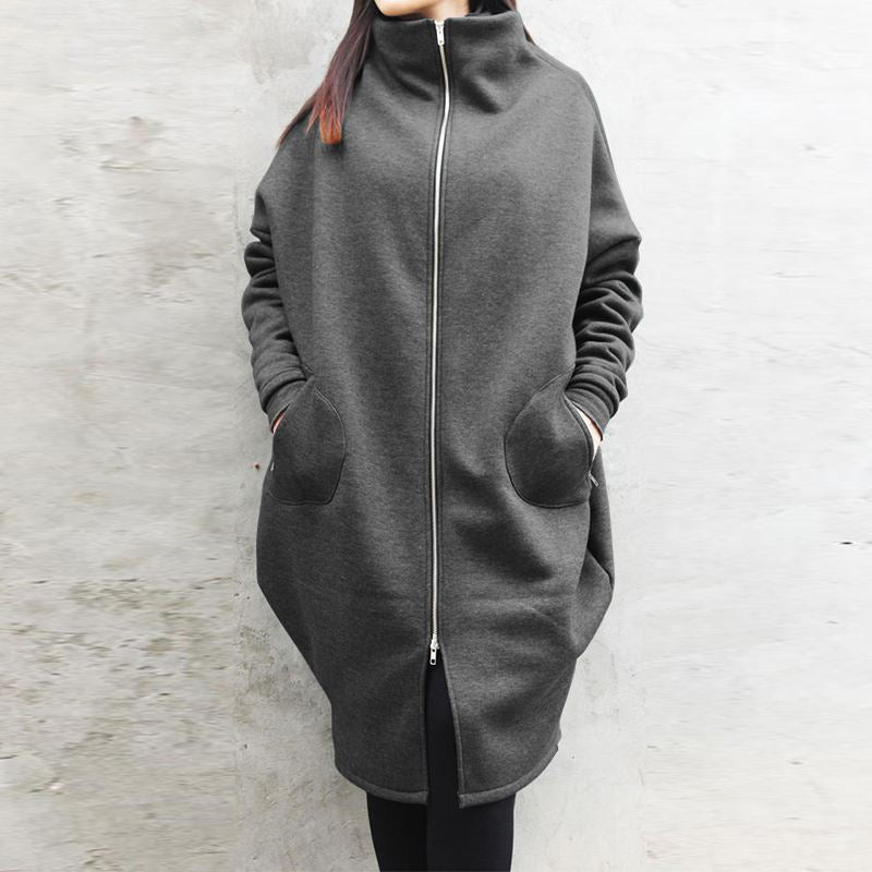 Solid Color Hooded Pocket Sweater Zipper Mid-length Coat