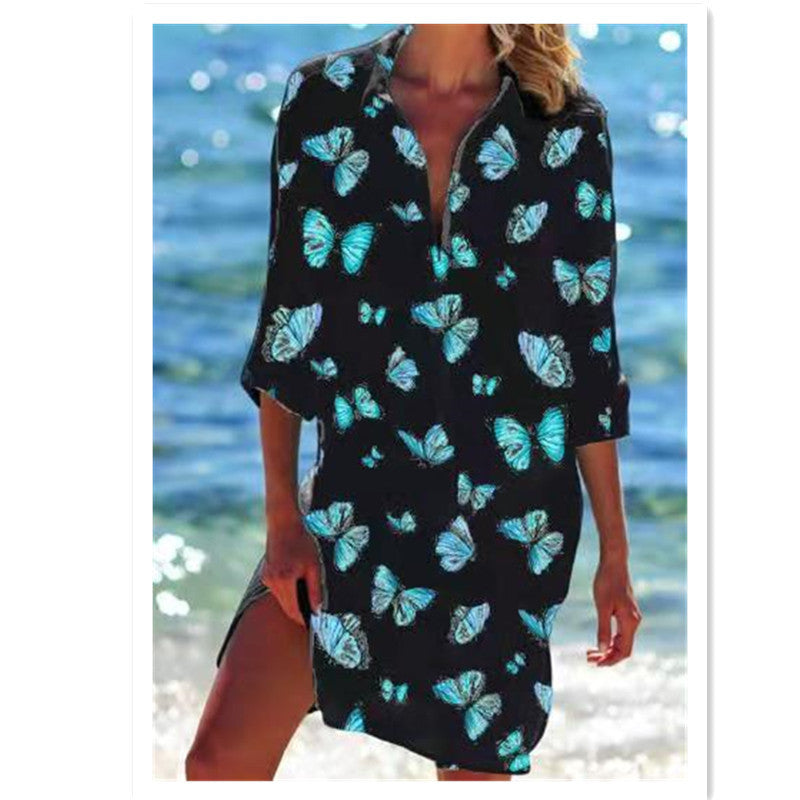 Long Sleeve Buttoned Butterfly Print Blouse