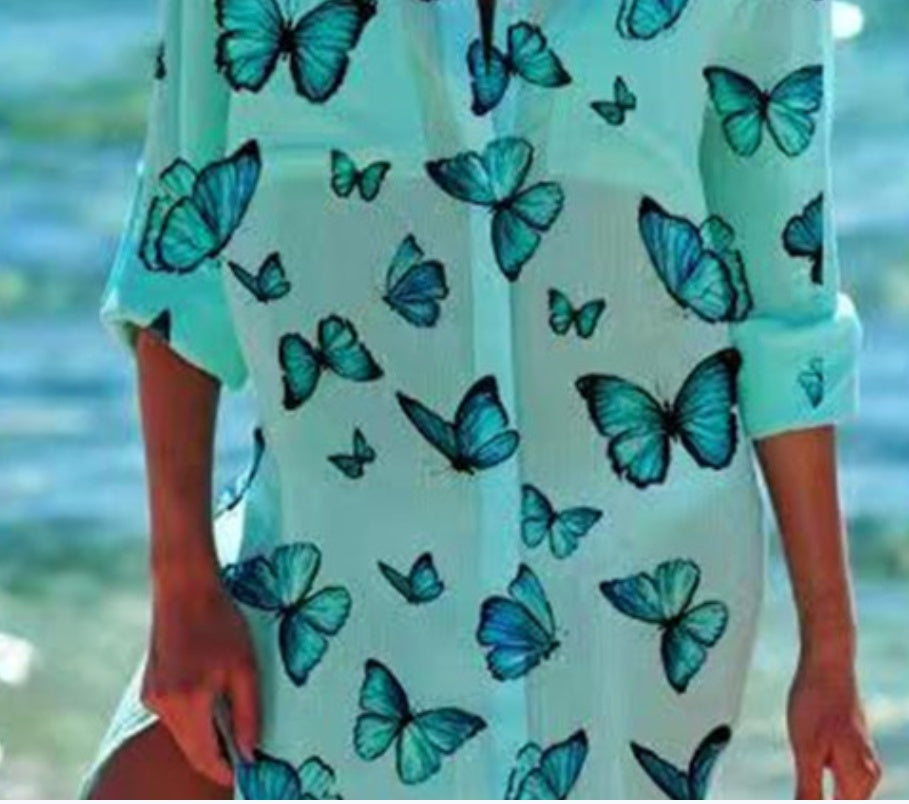 Long Sleeve Buttoned Butterfly Print Blouse