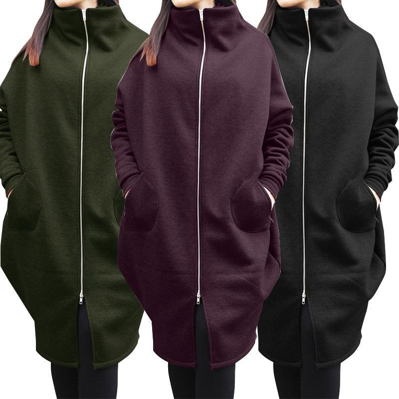 Solid Color Hooded Pocket Sweater Zipper Mid-length Coat