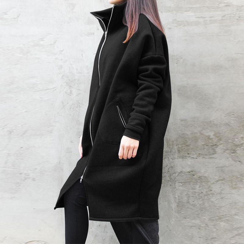 Solid Color Hooded Pocket Sweater Zipper Mid-length Coat