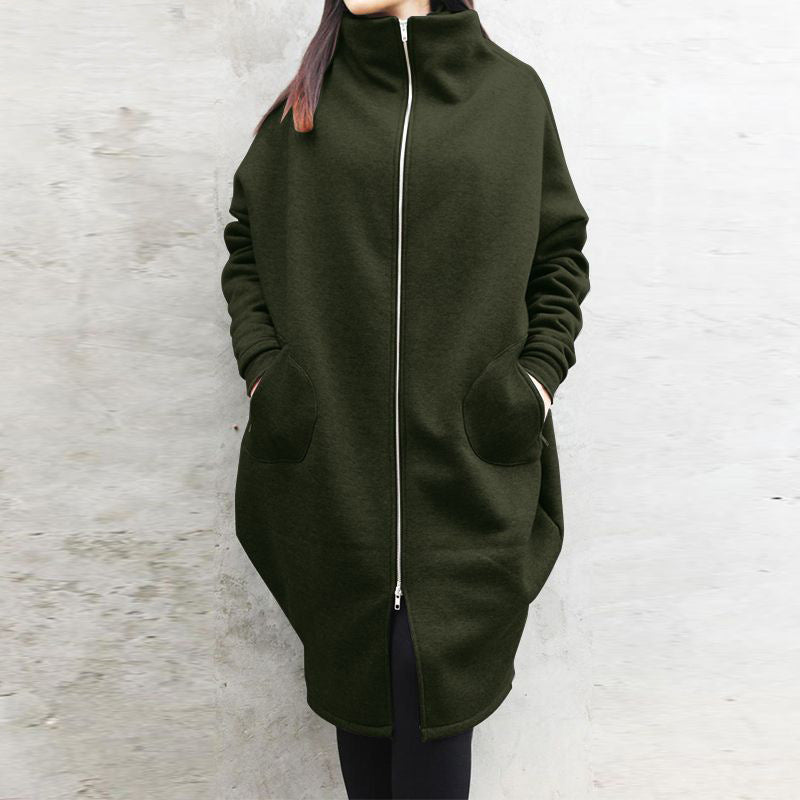 Solid Color Hooded Pocket Sweater Zipper Mid-length Coat