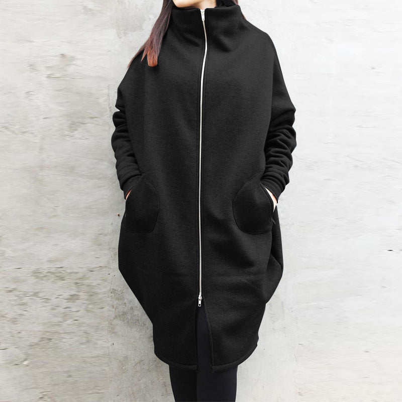 Solid Color Hooded Pocket Sweater Zipper Mid-length Coat