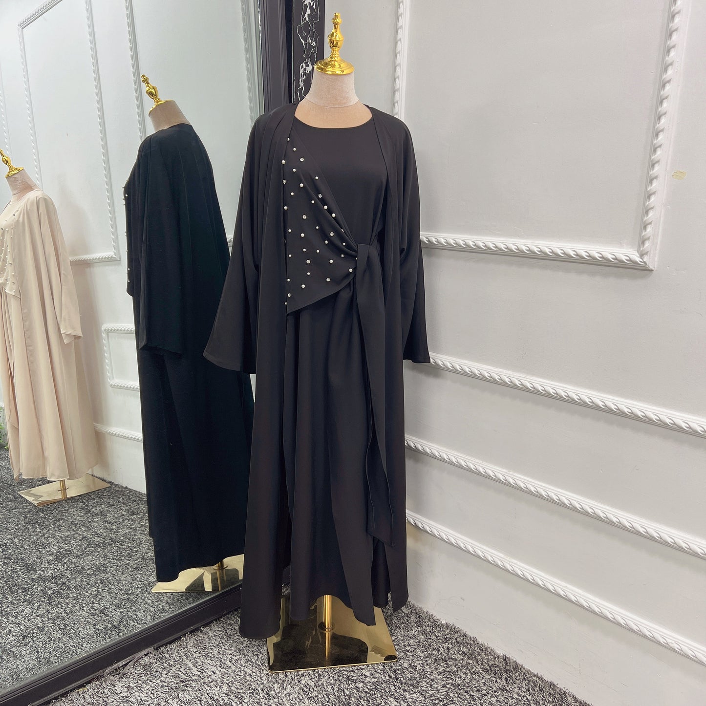Beaded Women's Muslim Solid Color Two-piece Suit