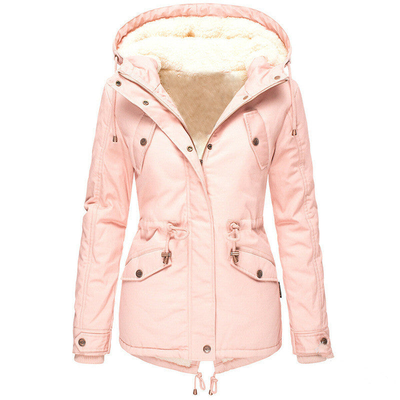 Solid color hooded drawstring waist padded coat