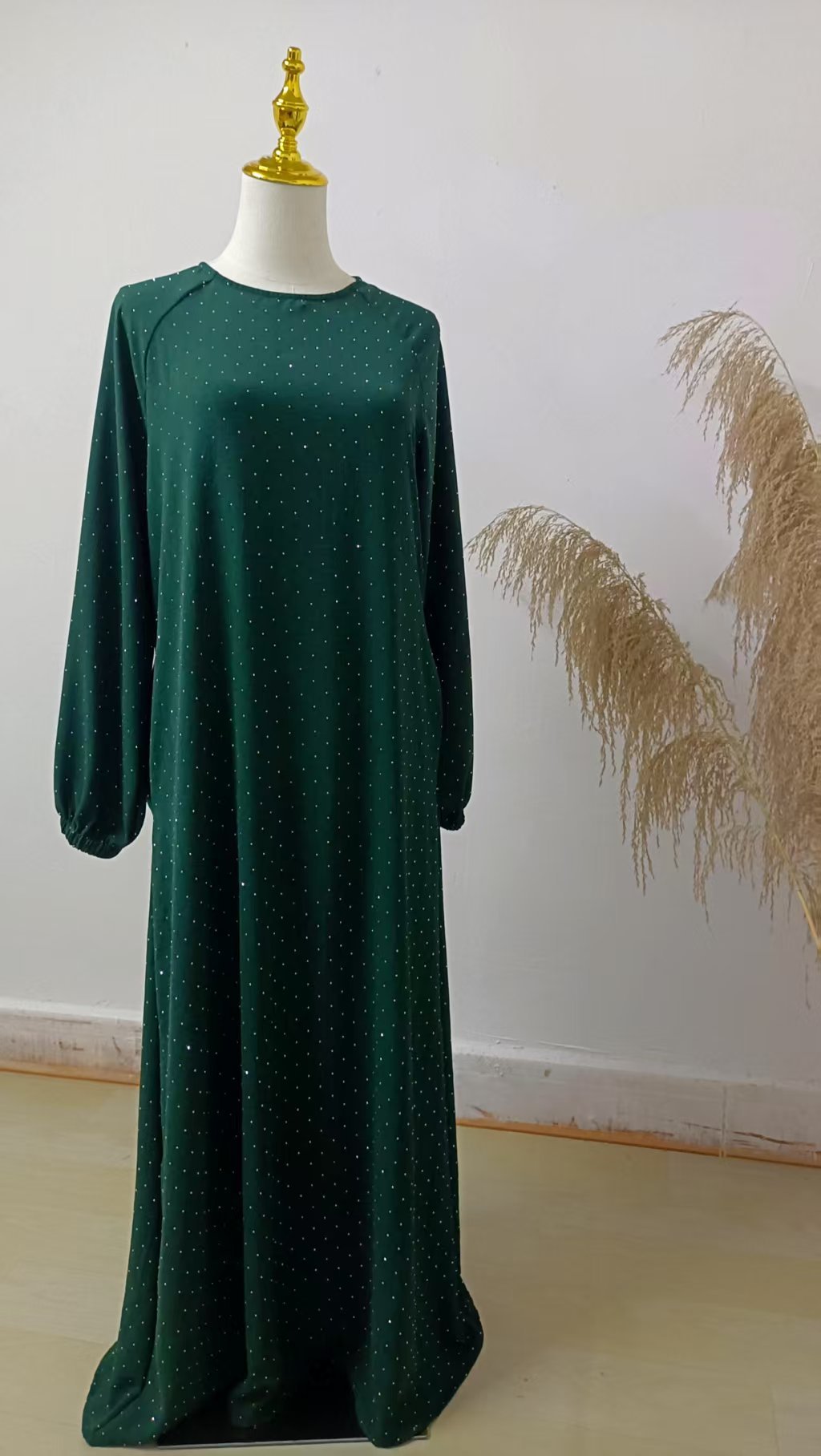 Muslim Rhinestone Dubai Round Neck Pullover Belt Dress