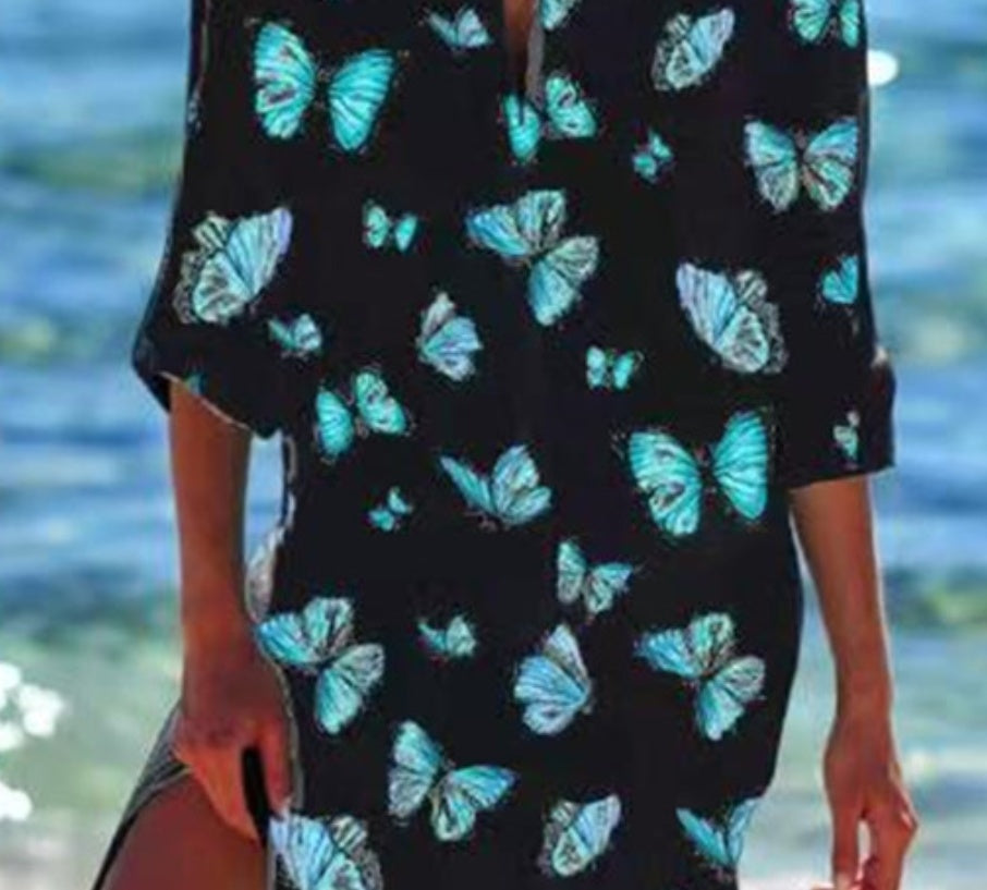 Long Sleeve Buttoned Butterfly Print Blouse