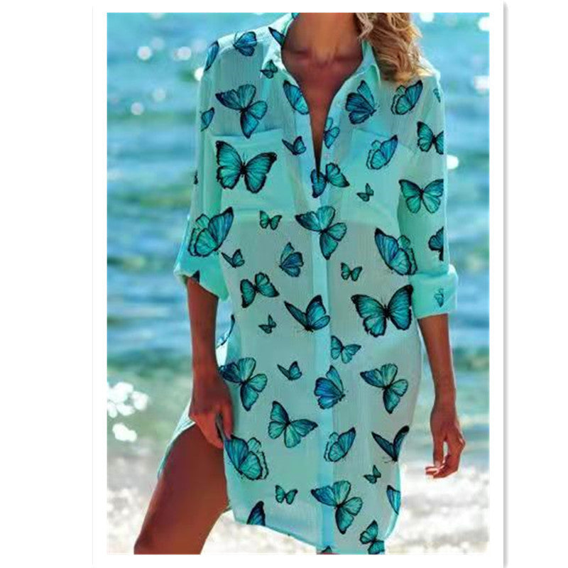 Long Sleeve Buttoned Butterfly Print Blouse