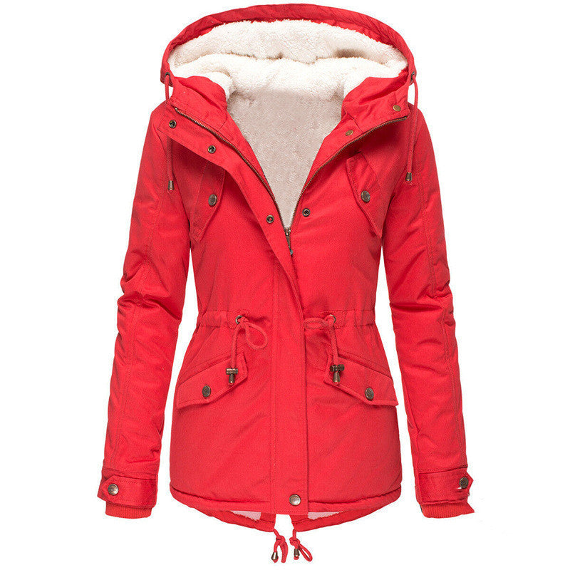 Solid color hooded drawstring waist padded coat