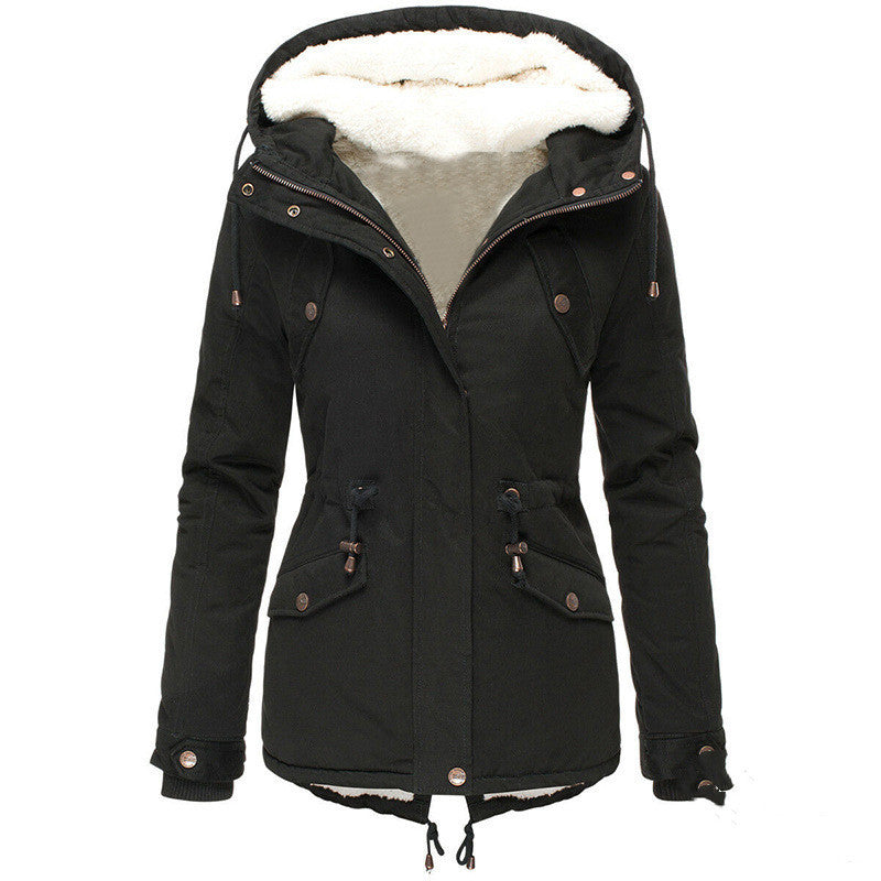 Solid color hooded drawstring waist padded coat