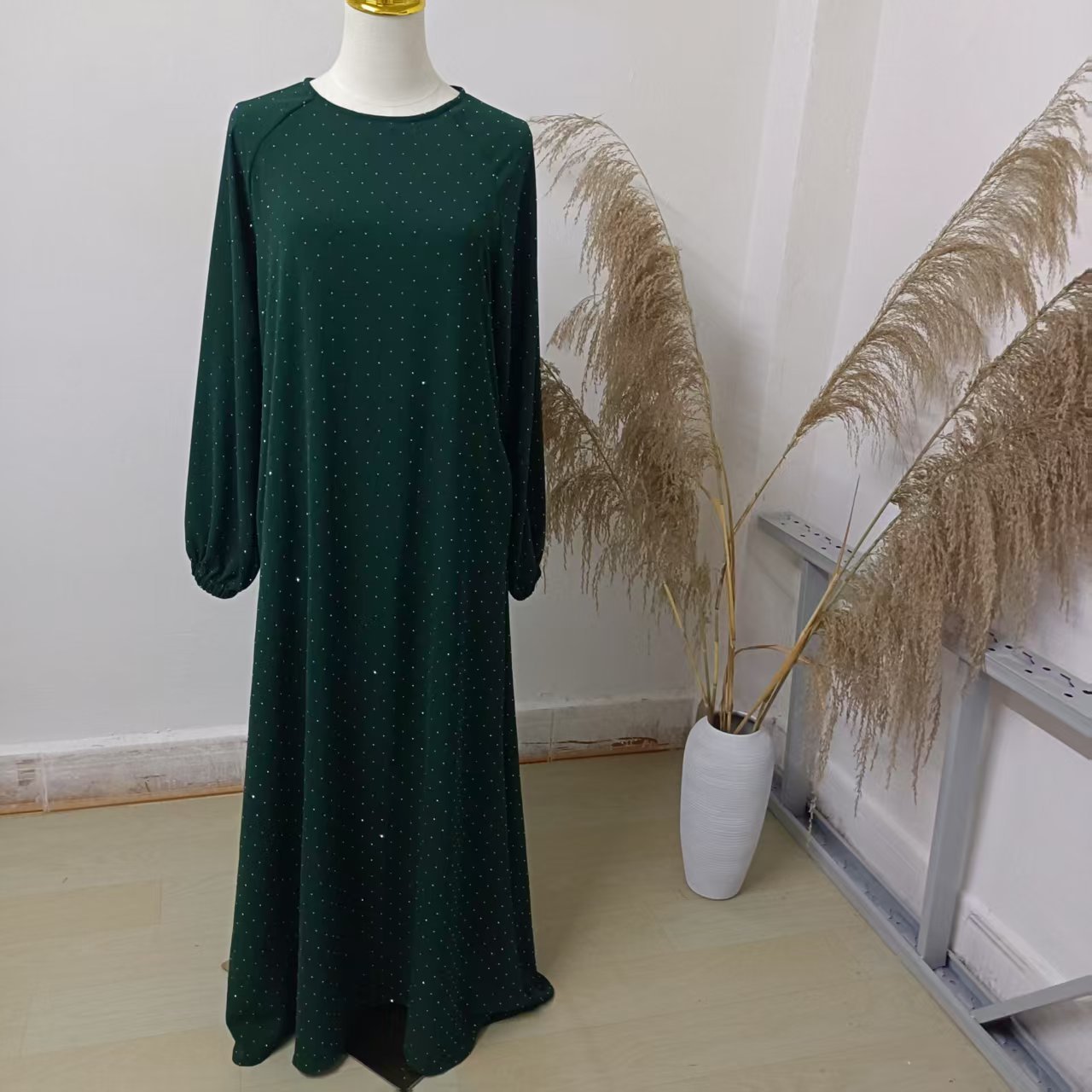Muslim Rhinestone Dubai Round Neck Pullover Belt Dress