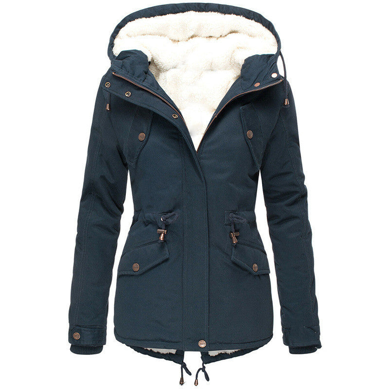 Solid color hooded drawstring waist padded coat