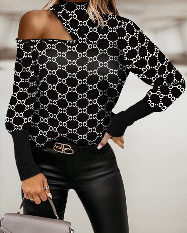 Womens Round Neck Geometric Print Leaky Shoulder Long Sleeved Shirt