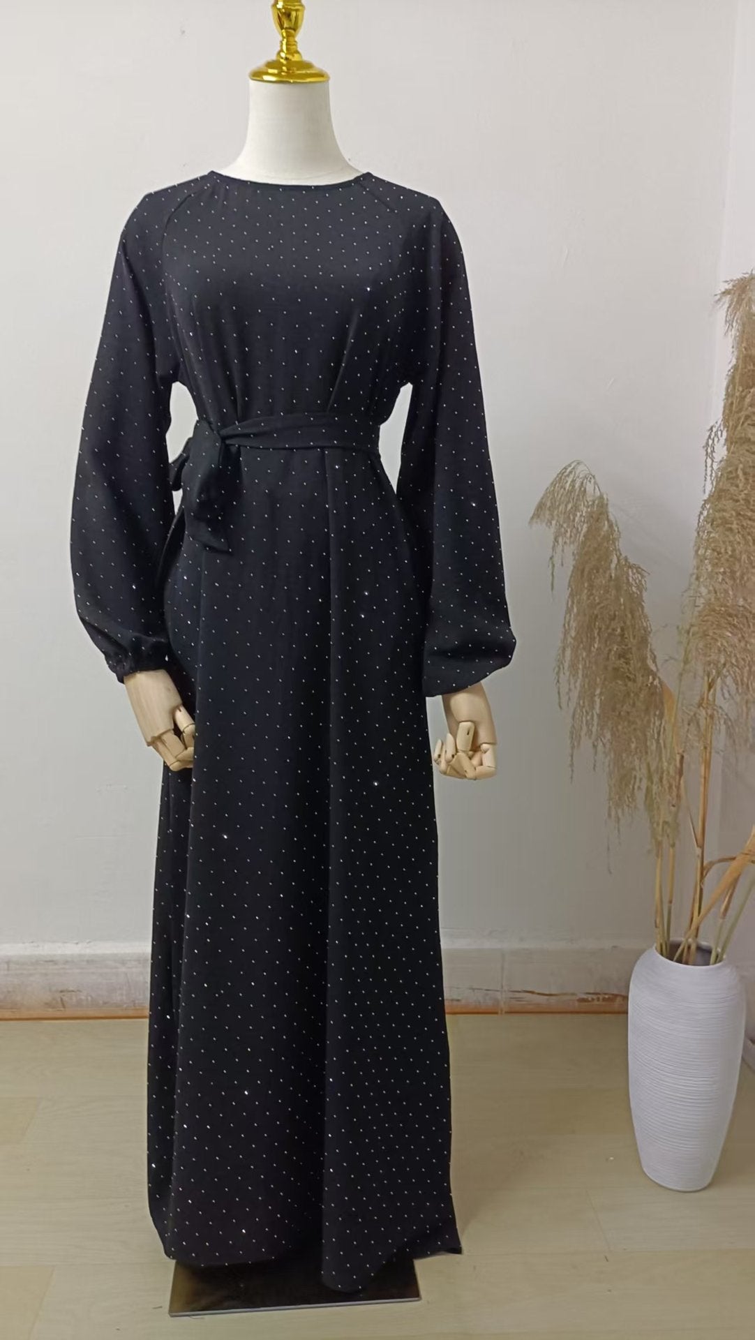 Muslim Rhinestone Dubai Round Neck Pullover Belt Dress