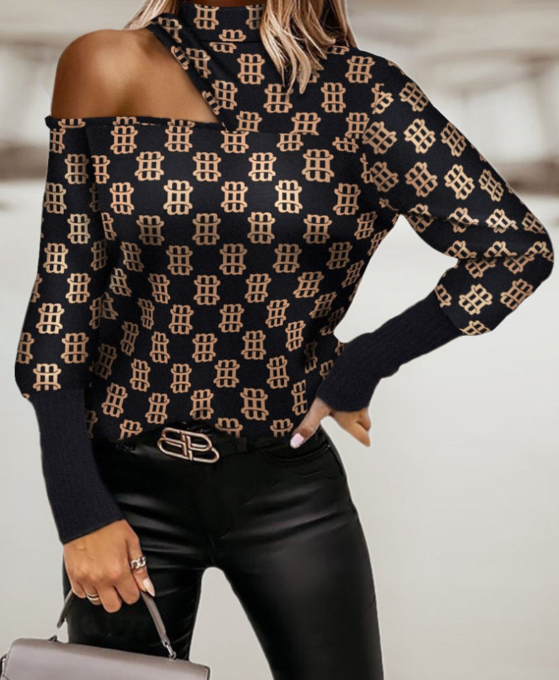 Womens Round Neck Geometric Print Leaky Shoulder Long Sleeved Shirt