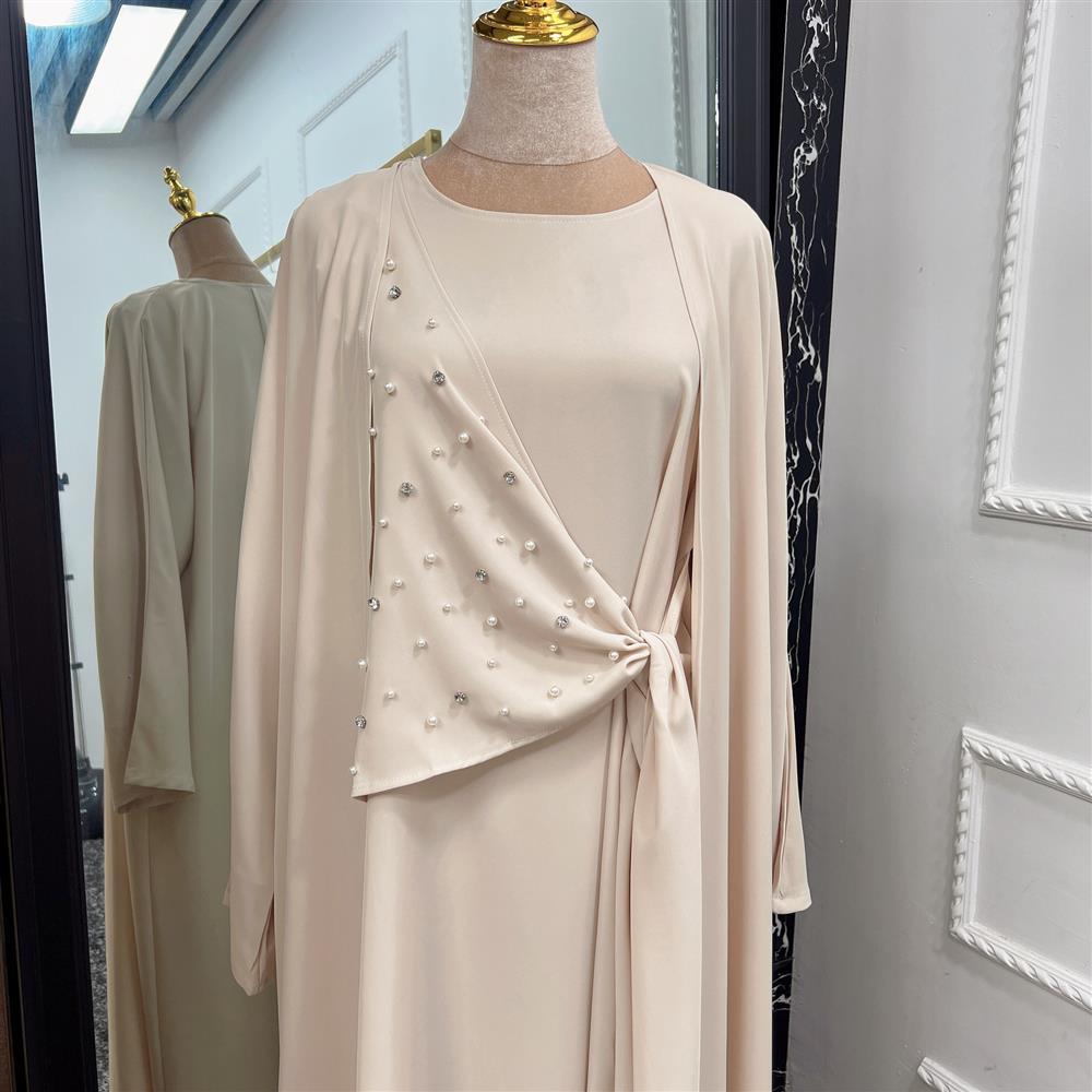 Beaded Women's Muslim Solid Color Two-piece Suit