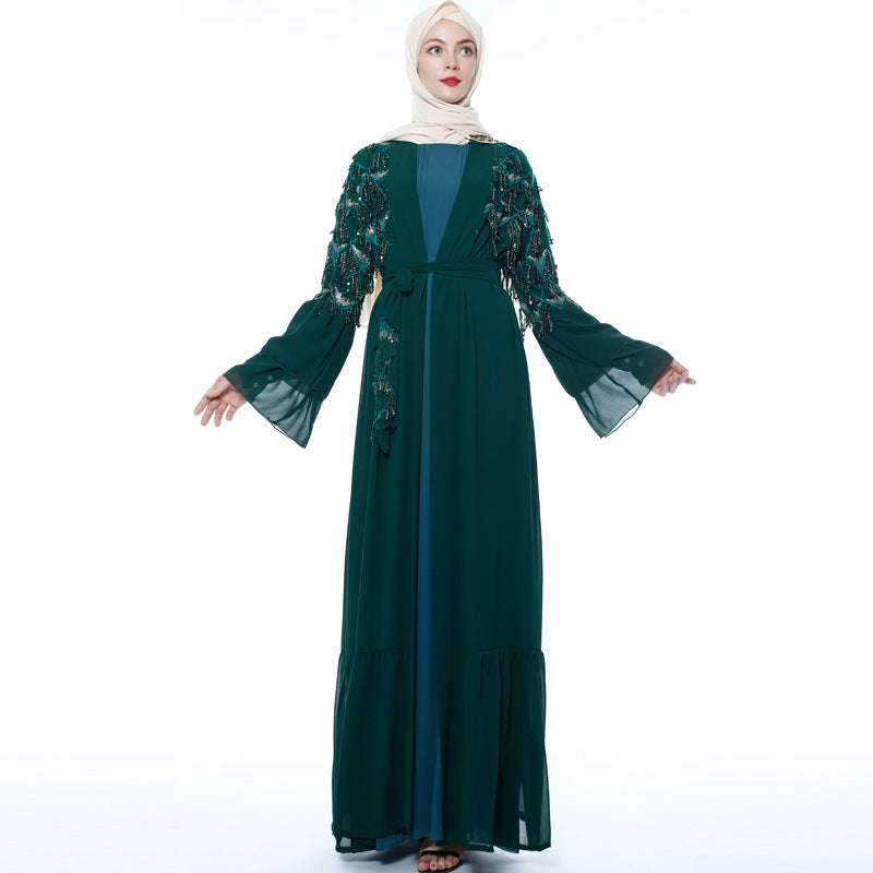 Sequined Tassel Chiffon Outer Flare Sleeve Female Muslim Long Skirt