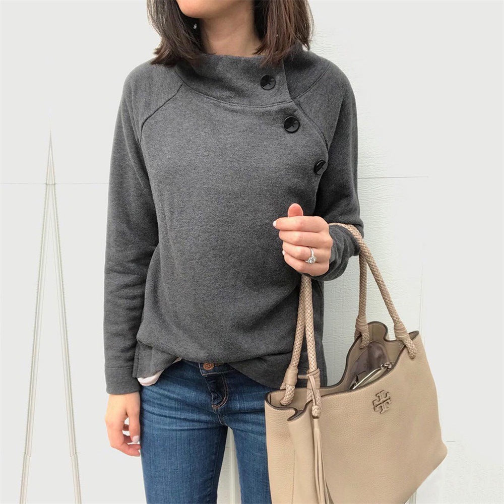 Round Neck Button Long Sleeve Blouse