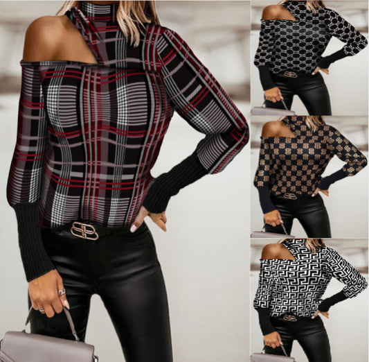 Womens Round Neck Geometric Print Leaky Shoulder Long Sleeved Shirt