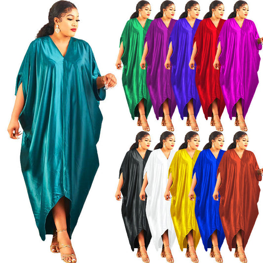 Women's African Plus Size Muslim Solid Color V-Neck Dress
