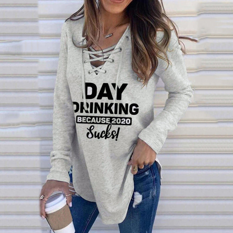 Letter-Print Long-Sleeved Tie-Band Loose Sweatshirt