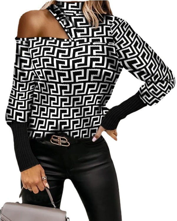 Womens Round Neck Geometric Print Leaky Shoulder Long Sleeved Shirt