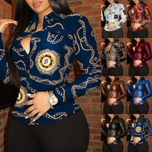 Spring Loose V-Neck Button Pocket PU Leather Shirt