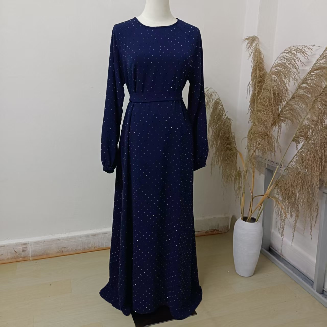 Muslim Rhinestone Dubai Round Neck Pullover Belt Dress