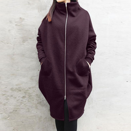 Solid Color Hooded Pocket Sweater Zipper Mid-length Coat