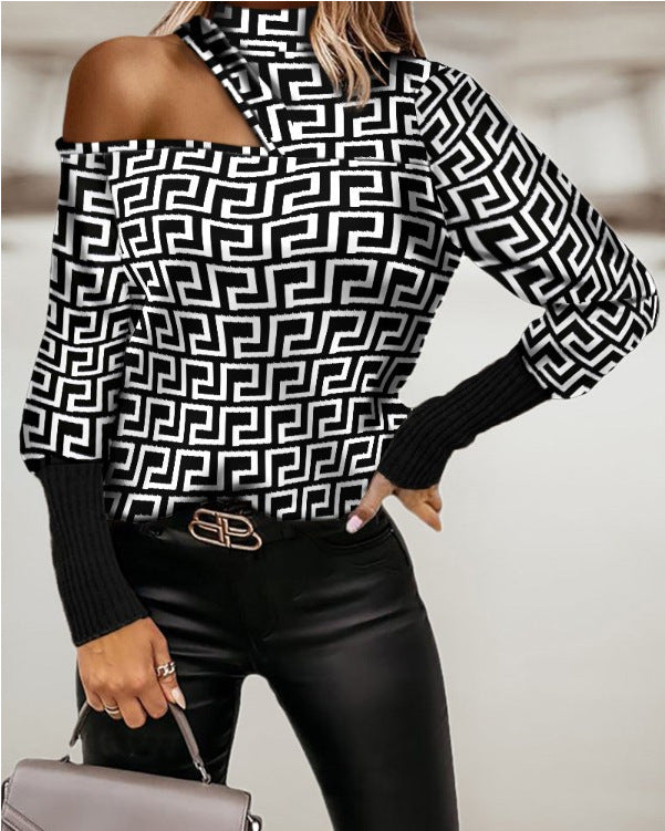 Womens Round Neck Geometric Print Leaky Shoulder Long Sleeved Shirt