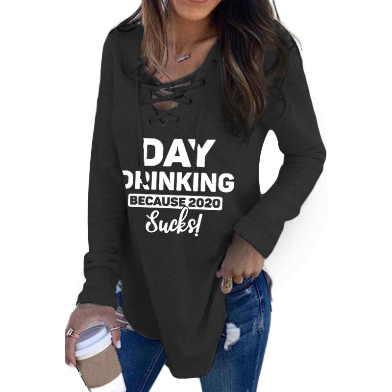 Letter-Print Long-Sleeved Tie-Band Loose Sweatshirt